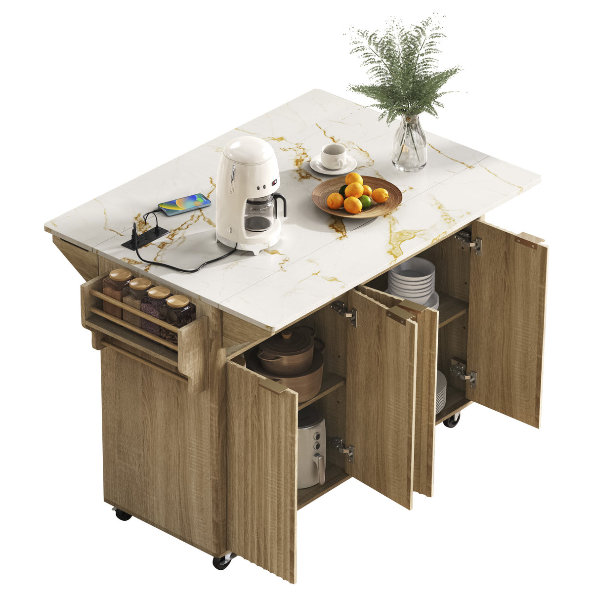 variant-group:rf-n707p353934y|Roomfitters 55.5" Fluted Kitchen Island with Double Drop Leaf, Natural Storage Cart with Power Outlet & Faux Marble Top