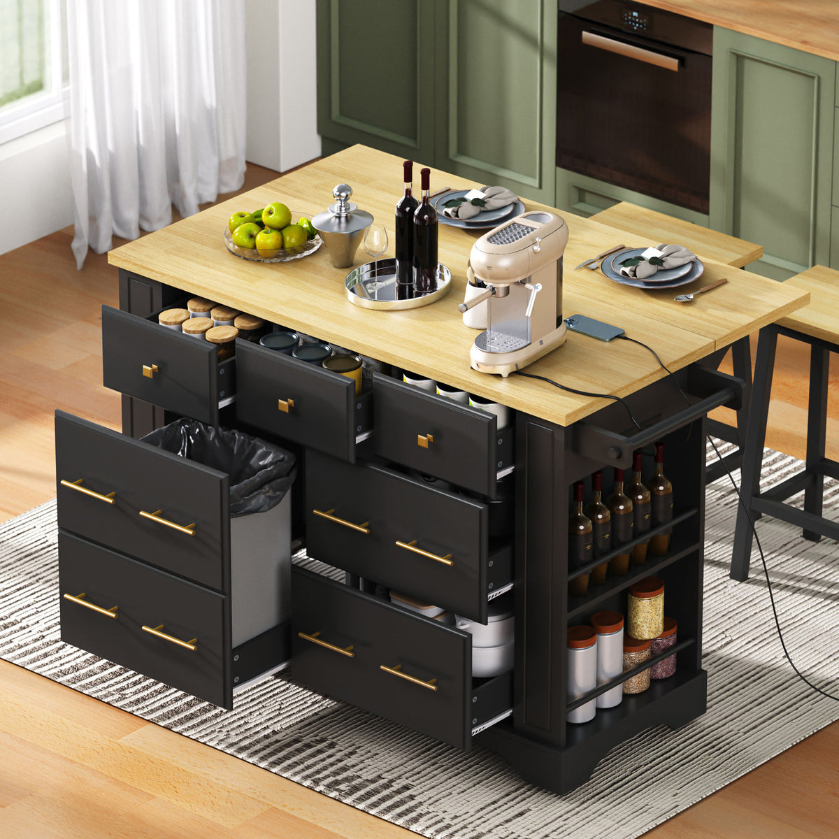 variant-group:rf-n707s307292b|Roomfitters 51" Kitchen Island with Power Outlet and Drop Leaf, Rolling Cabinet with Pull-Out Trash Can Drawer, Black