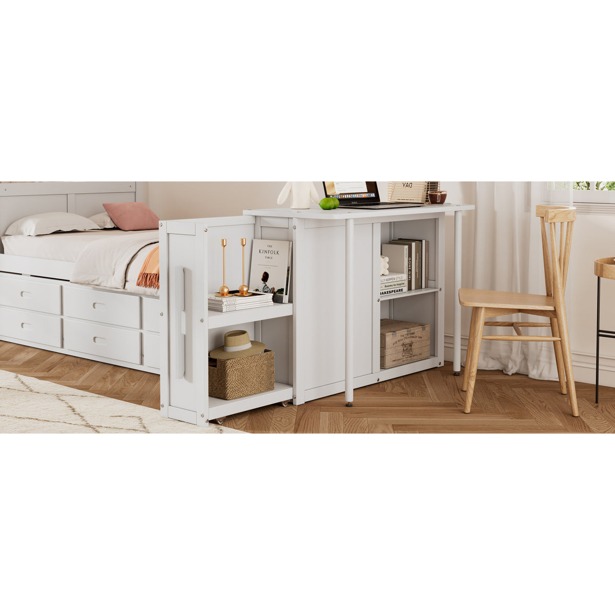 variant-group:rf-n733s212832k|Roomfitters Twin Size Multifunctional Wood Platform Bed with Desk and Storage Shelf, Built-in Trundle and Storage, White