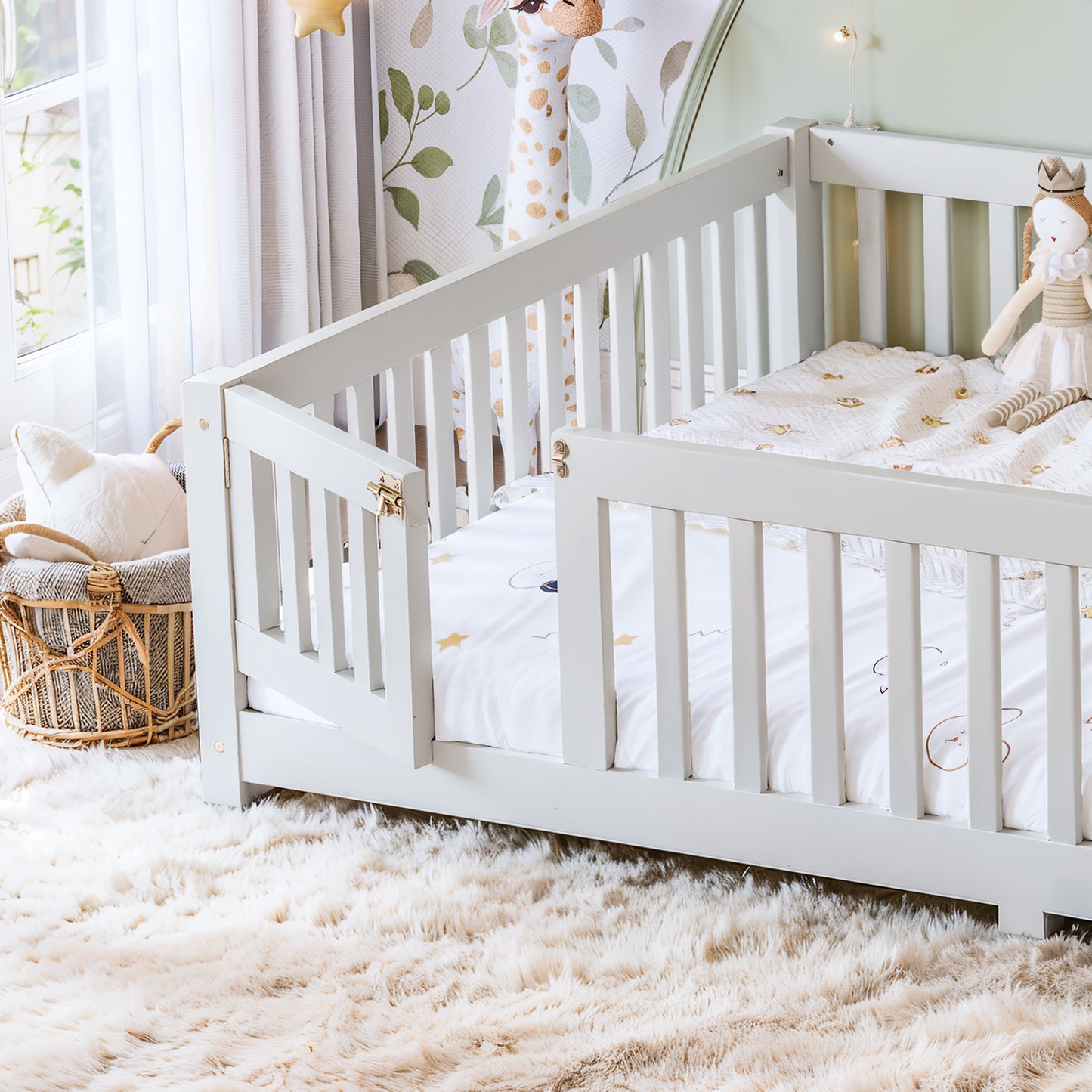 variant-group:rf-w1580p462324|Roomfitters Queen Size Wooden Floor Bed Frame with Safety Guardrails Door, Solid Wood Low Profile Toddler Play Bed, White