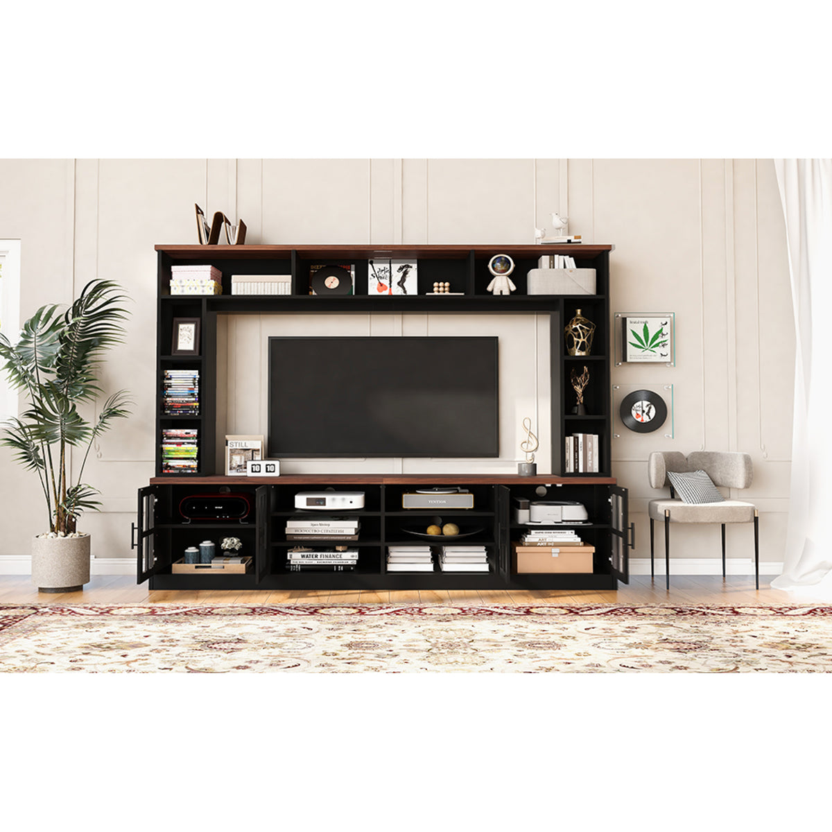 variant-group:rf-n724sj000127aab|Roomfitters Wall Unit Entertainment Center for up to 80 Inch TV, Media Console with Cabinets and Bookshelves, Black