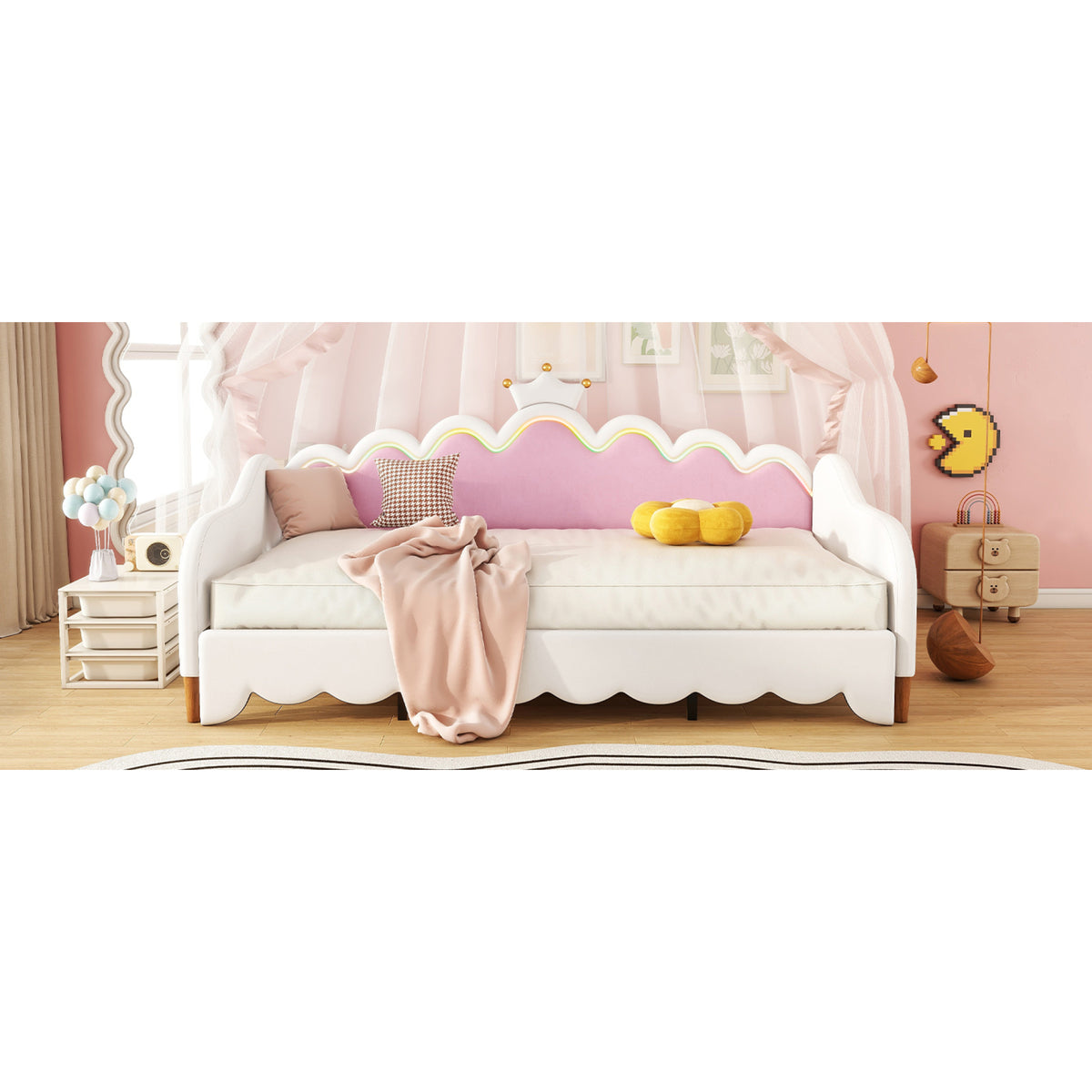 variant-group:rf-n733hl000104aak|Roomfitters Twin Extending Daybed with Lights, Modern Upholstered Princess Daybed with Crown Headboard, Sophisticated and Functional Design, White