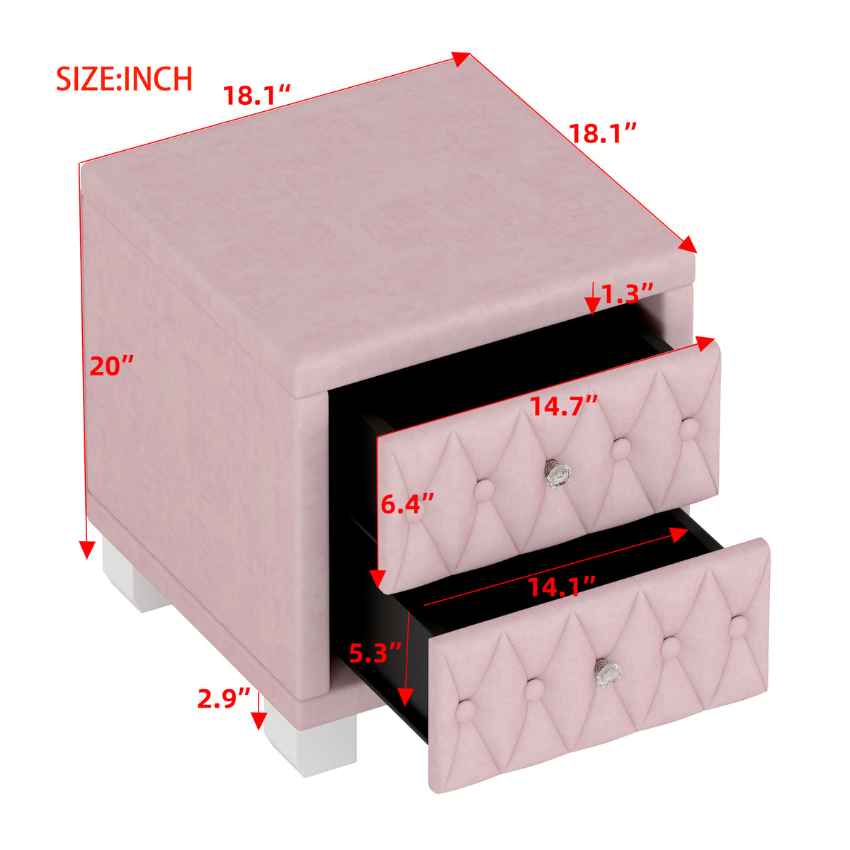 variant-group:rf-n733p210398h|Roomfitters Velvet Nightstand with Crystal Handles, Button-Tufted Upholstered Bedside Table with Two Storage Compartments, Pink