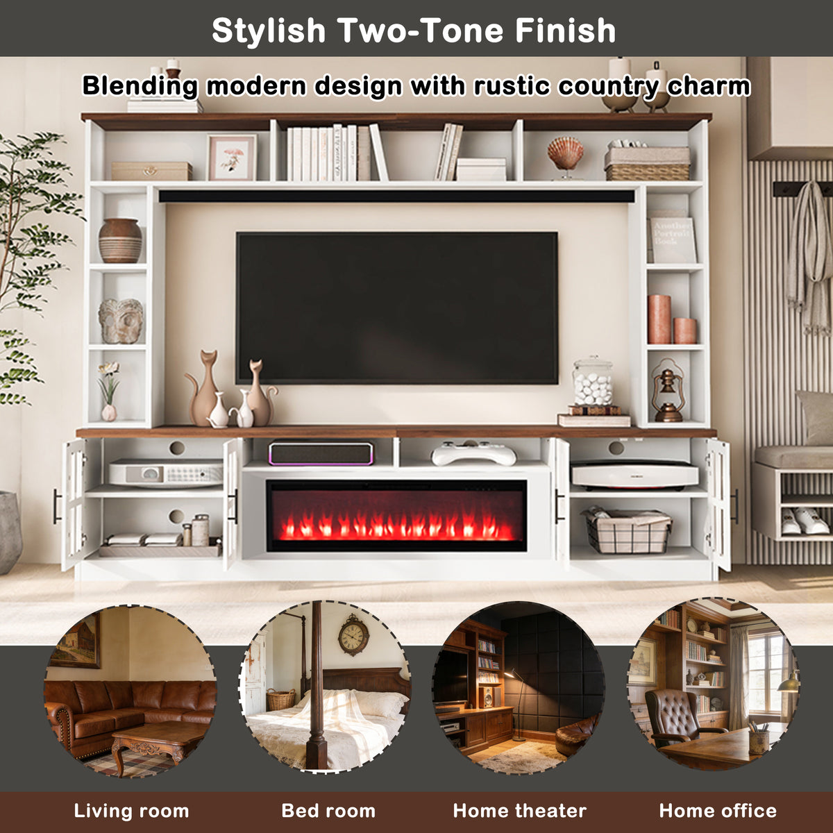 variant-group:rf-n724sj000159aak|Roomfitters 95.5"W Large Wall Unit Entertainment Center, 39" LED Fireplace, White & Walnut