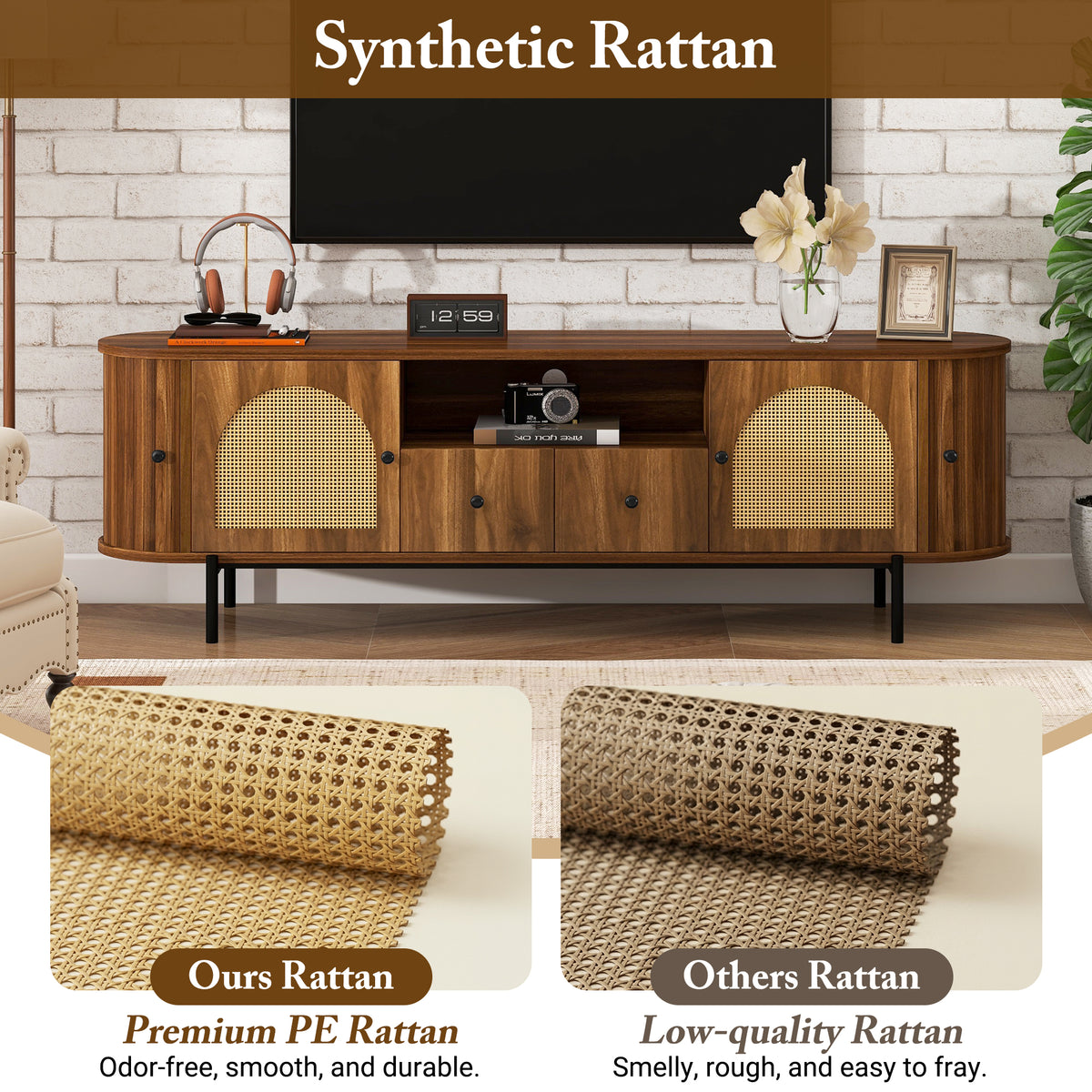 variant-group:rf-n724p437189m|Roomfitters American Style TV Stand with Rattan Arched Doors, Steel Legs, Antique Brown