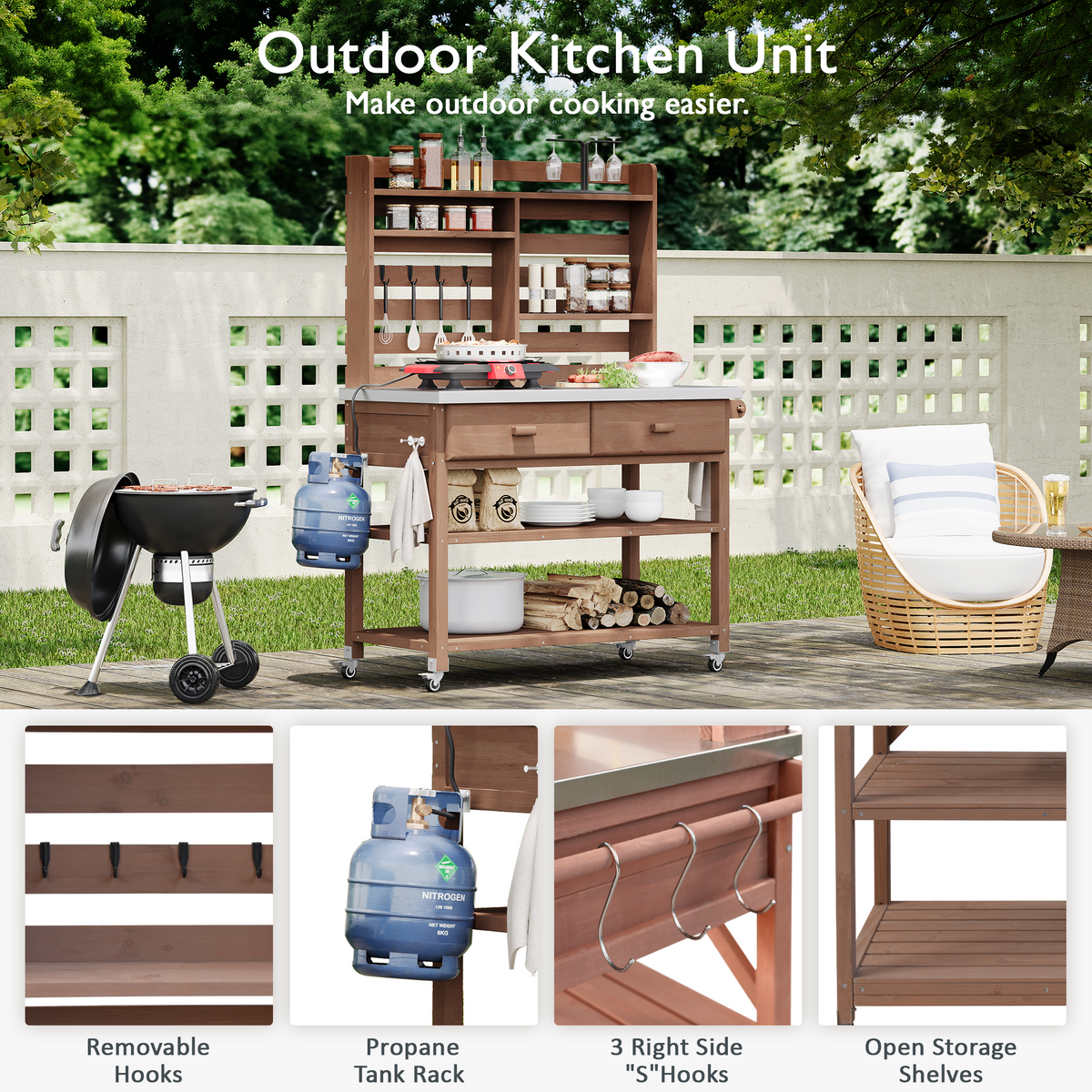 variant-group:rf-n707p228274z|Roomfitters 64.9" Outdoor Potting Bench Table, Rolling Kitchen Island with Hutch, Stainless Steel Top, Storage, Brown