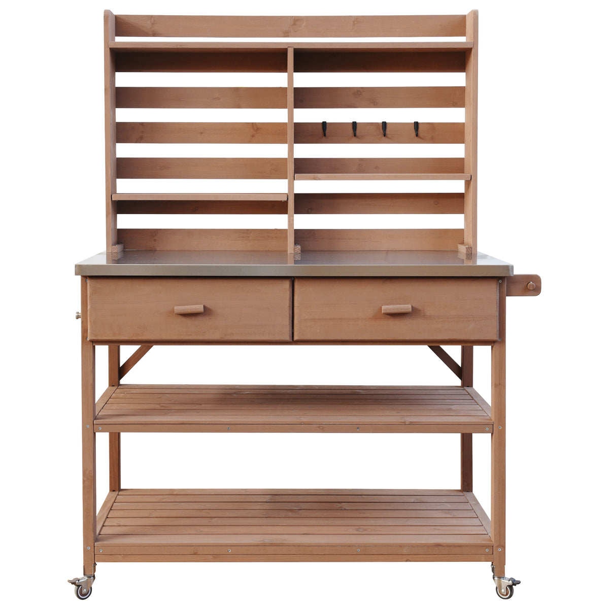 variant-group:rf-n707p228274z|Roomfitters 64.9" Outdoor Potting Bench Table, Rolling Kitchen Island with Hutch, Stainless Steel Top, Storage, Brown