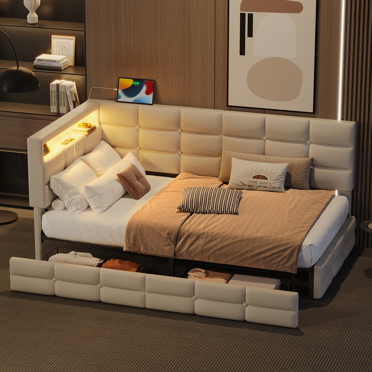 variant-group:rf-n733p285121a|Roomfitters Upholstered Twin Size Daybed with Storage Drawers and Charging Station, Bed Frame with Storage Headboard, No Box Spring Needed, Beige