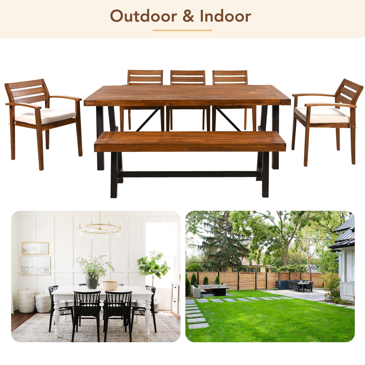 Roomfitters Outdoor Wood Dining Set for 7-8 Person, Outdoor Dining Furniture with Removable Cushions, Ergonomic Chairs and Bench, Thicker Table, Wood Tone Roomfitters