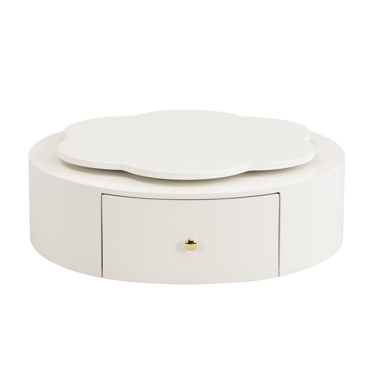 Roomfitters Rotatable Round Coffee Table Set of 2 with Flower-Shaped Top and Glass End Table, Off White Roomfitters