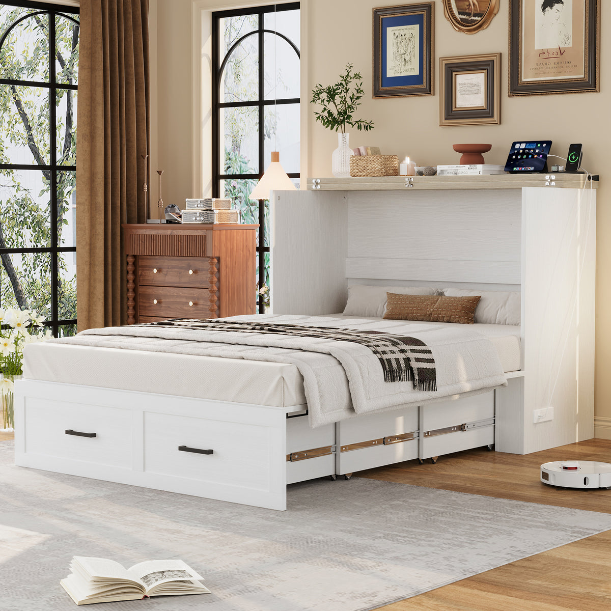 variant-group:rf-n733s237853w|Roomfitters Full Size Farmhouse Murphy Cabinet Bed with Charging Station, Foldable Platform Bed with Large Storage for Guest Room, Small Bedroom, White