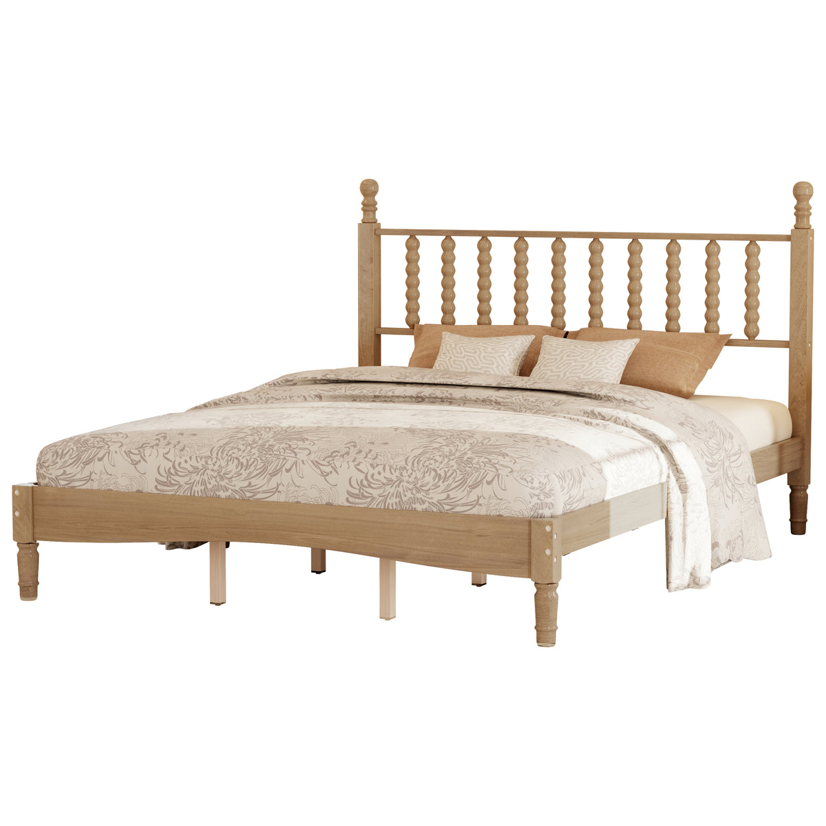 variant-group:rf-n733p206242m|Roomfitters Queen Size Wood Platform Bed with Gourd Shaped Headboard, Retro Style Platform Bed with Wooden Slat Support, Natural