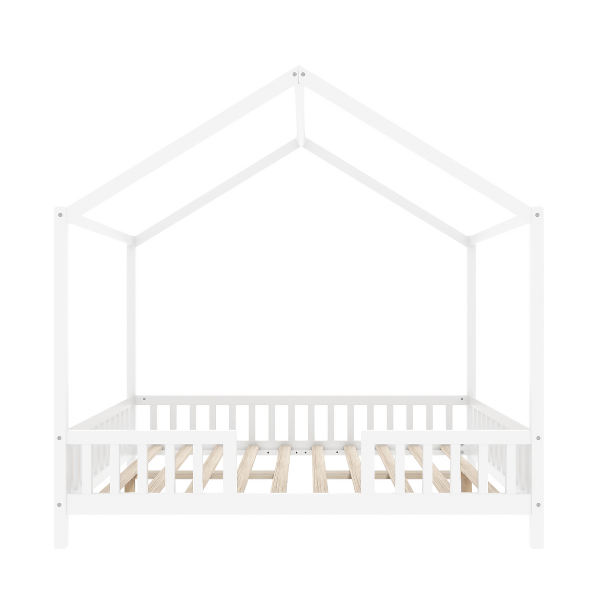 variant-group:rf-n733p356048k|Roomfitters Full Montessori Floor Bed with Canopy, House Shape Wood Frame with Safety Rails, Platform Bed, White