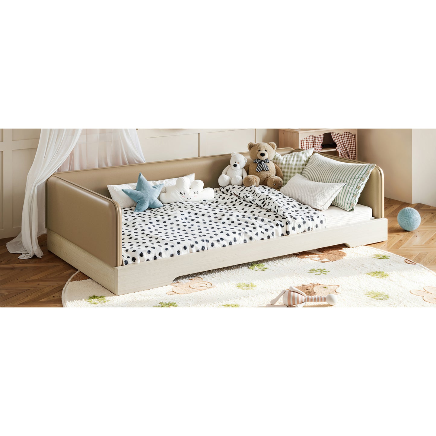 variant-group:rf-w1580p493126|Roomfitters Twin Size Upholstered Floor Bed Frame with Removable Guardrails, Faux Leather Low Profile Platform, Brown