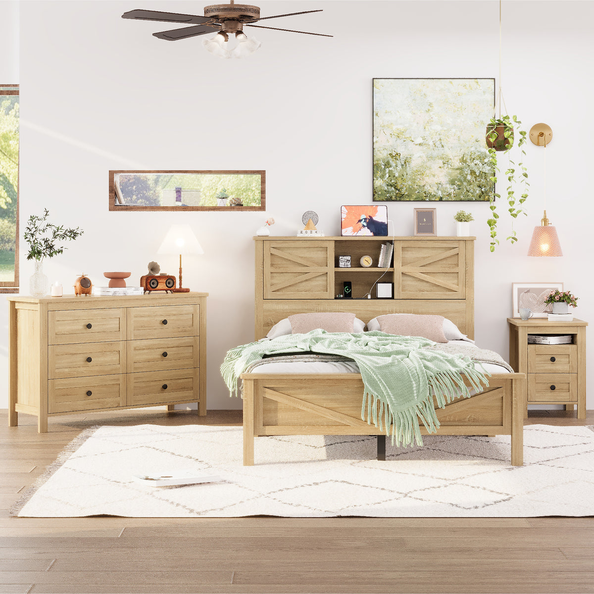 variant-group:rf-n733s369048m|Roomfitters 3 Piece Bedroom Set, Full Farmhouse Platform Bed with Sliding Headboard, Bedside Tables, Natural