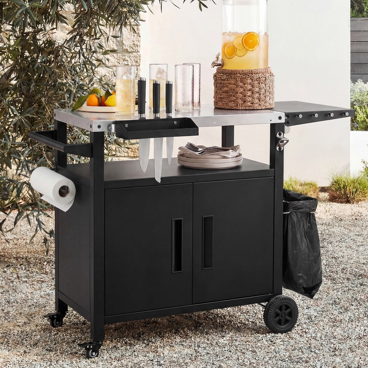 Roomfitters Grill Cart with Stainless Steel Top, Outdoor Kitchen Island, BBQ Prep Station with Trash Bag Holder and Hooks, Black