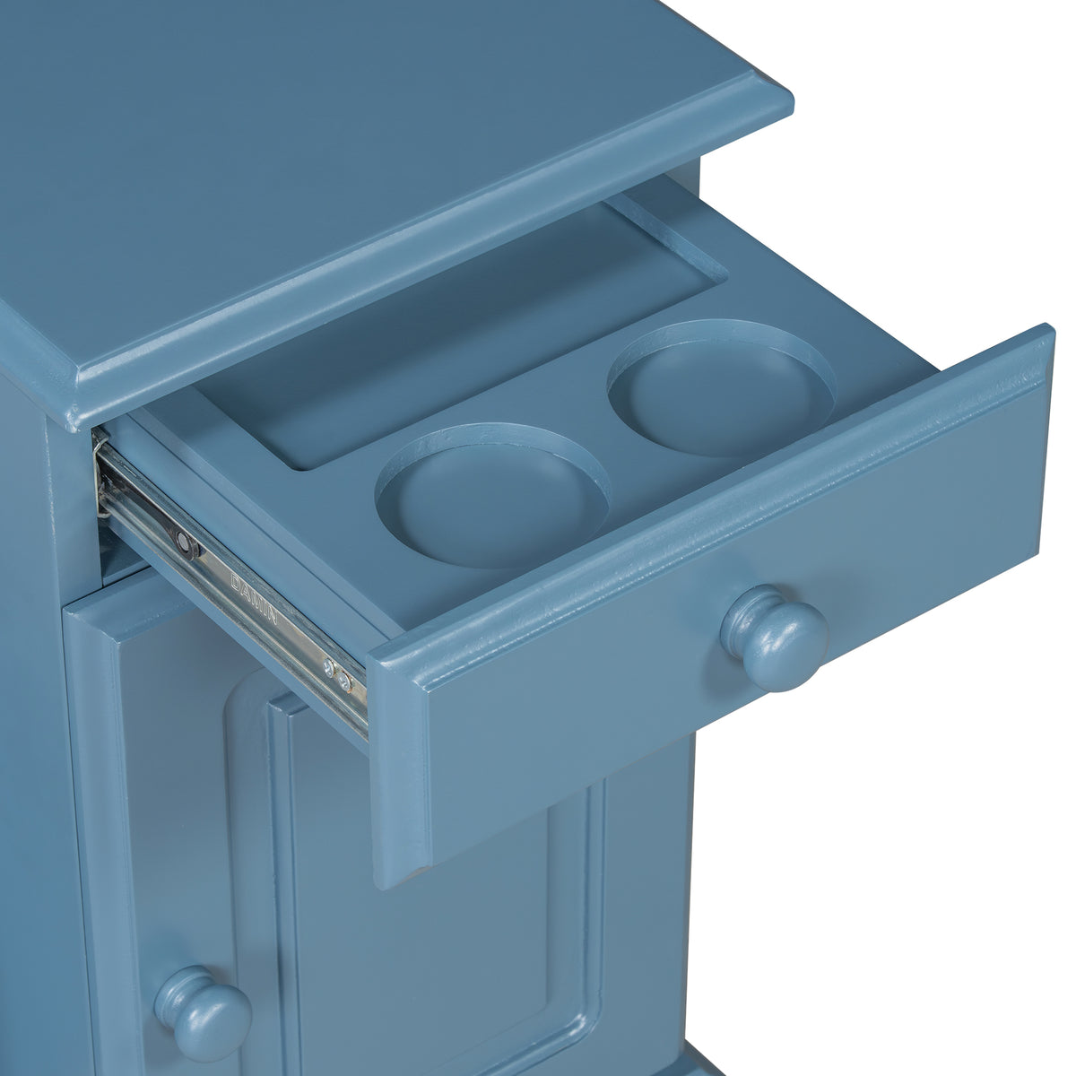 variant-group:rf-n724p293133m|Roomfitters Vintage Sofa Side Table with USB Ports, Flip Top, Cup Holders and Bookshelf Storage for Small Spaces, Navy Blue