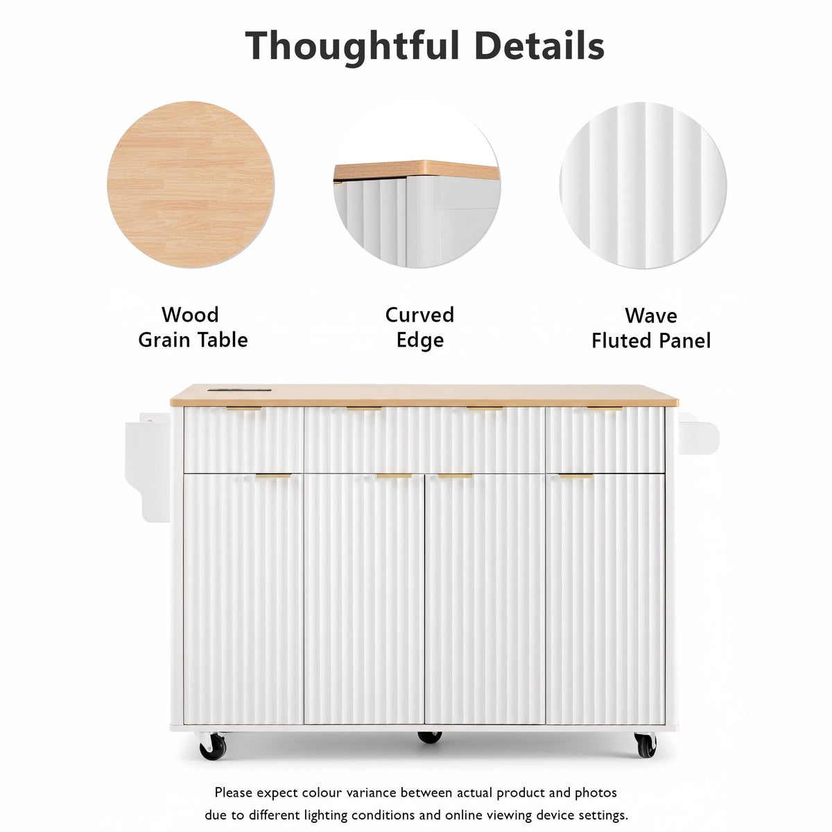 Roomfitters 55.5" Kitchen Island with Power Outlet and Drop Leaf, Rolling Storage Cabinet with Fluted Door Design, White