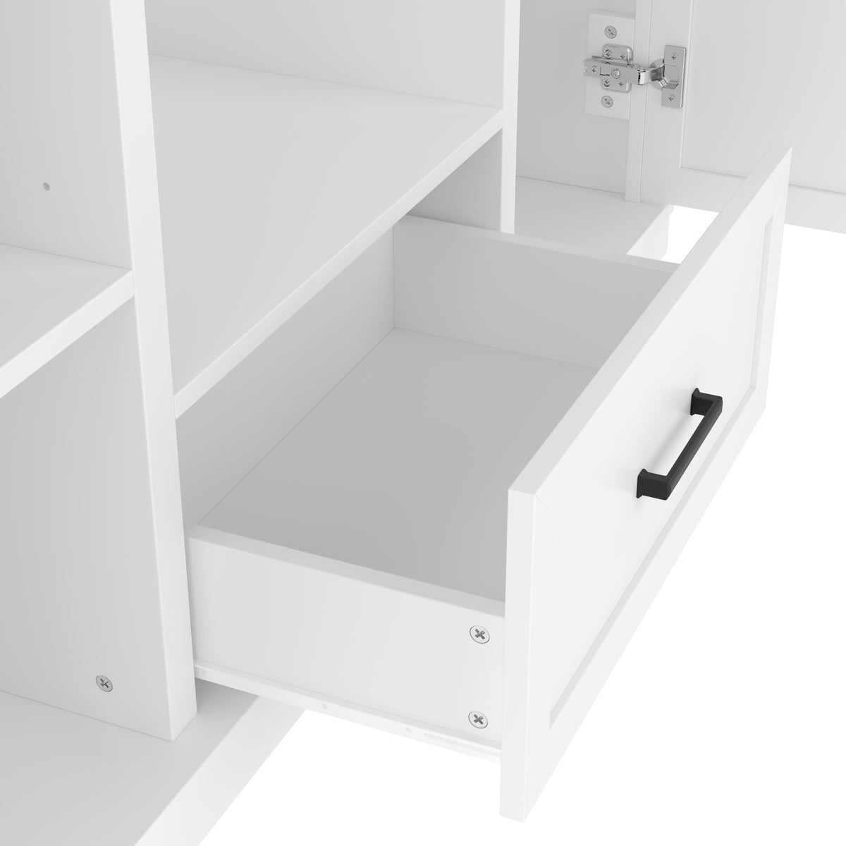 variant-group:rf-n724sj000140aak|Roomfitters 85.2" Hall Tree with Bench, 3 Hooks, 4 Doors, 1 Drawer and Adjustable Storage Shelves, White