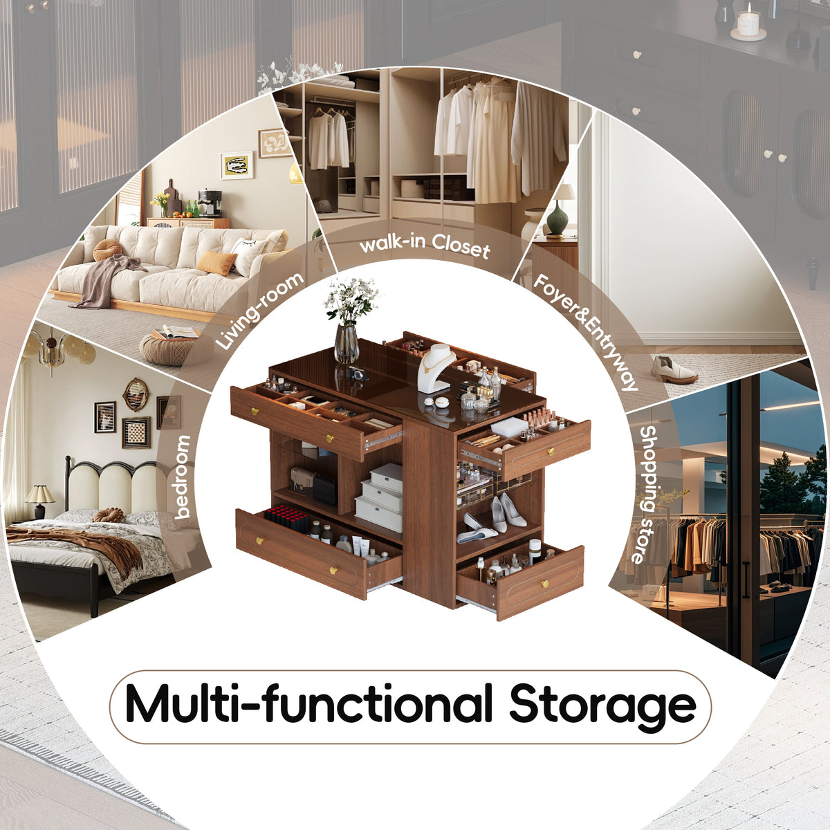 Roomfitters Closet Island with 6 Drawers, Glass Display Top and Open Shelves, Wardrobe Storage and Jewelry Vanity, Walnut