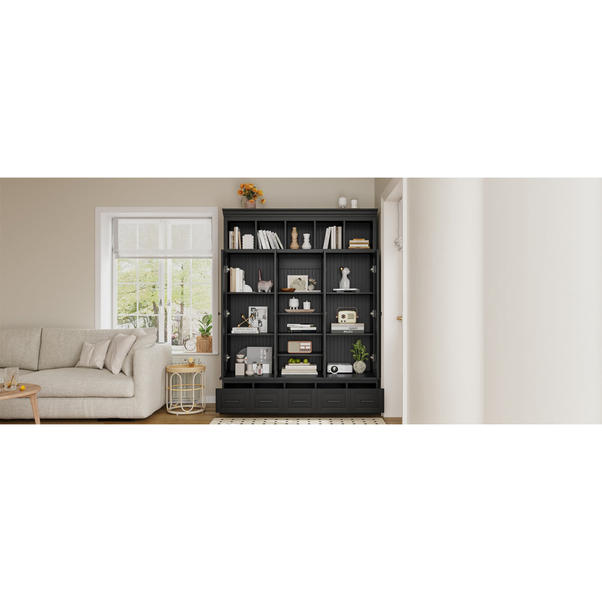 variant-group:rf-n724sj000139aab|Roomfitters 78.7" Hall Tree with Bench, 5 Cubbies, 4 Doors, 5 Drawers, Adjustable Shelves, Black