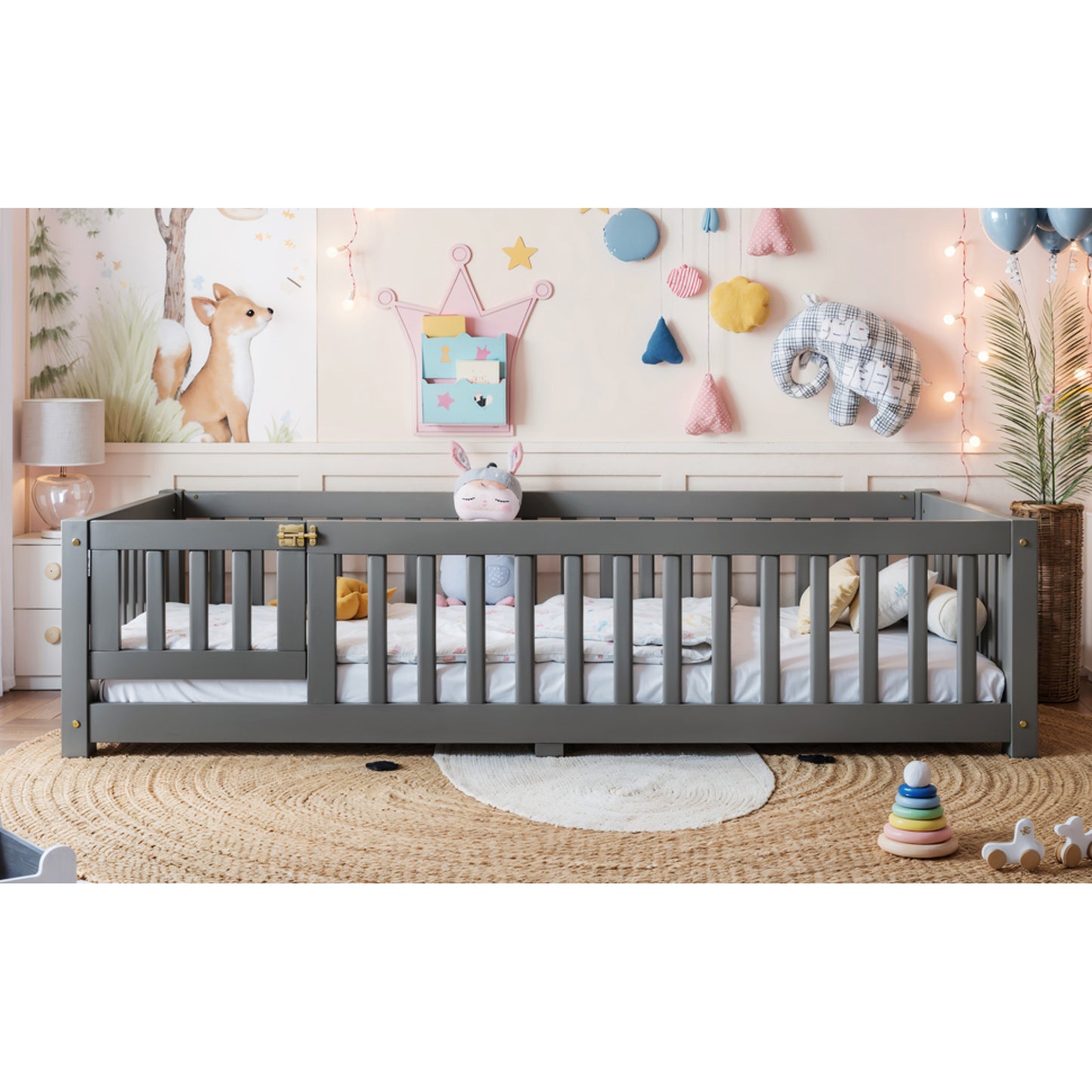 variant-group:rf-w1580p462312|Roomfitters Twin Size Wooden Floor Bed Frame with Safety Guardrails Door, Solid Wood Low Profile Toddler Play Bed, Gray