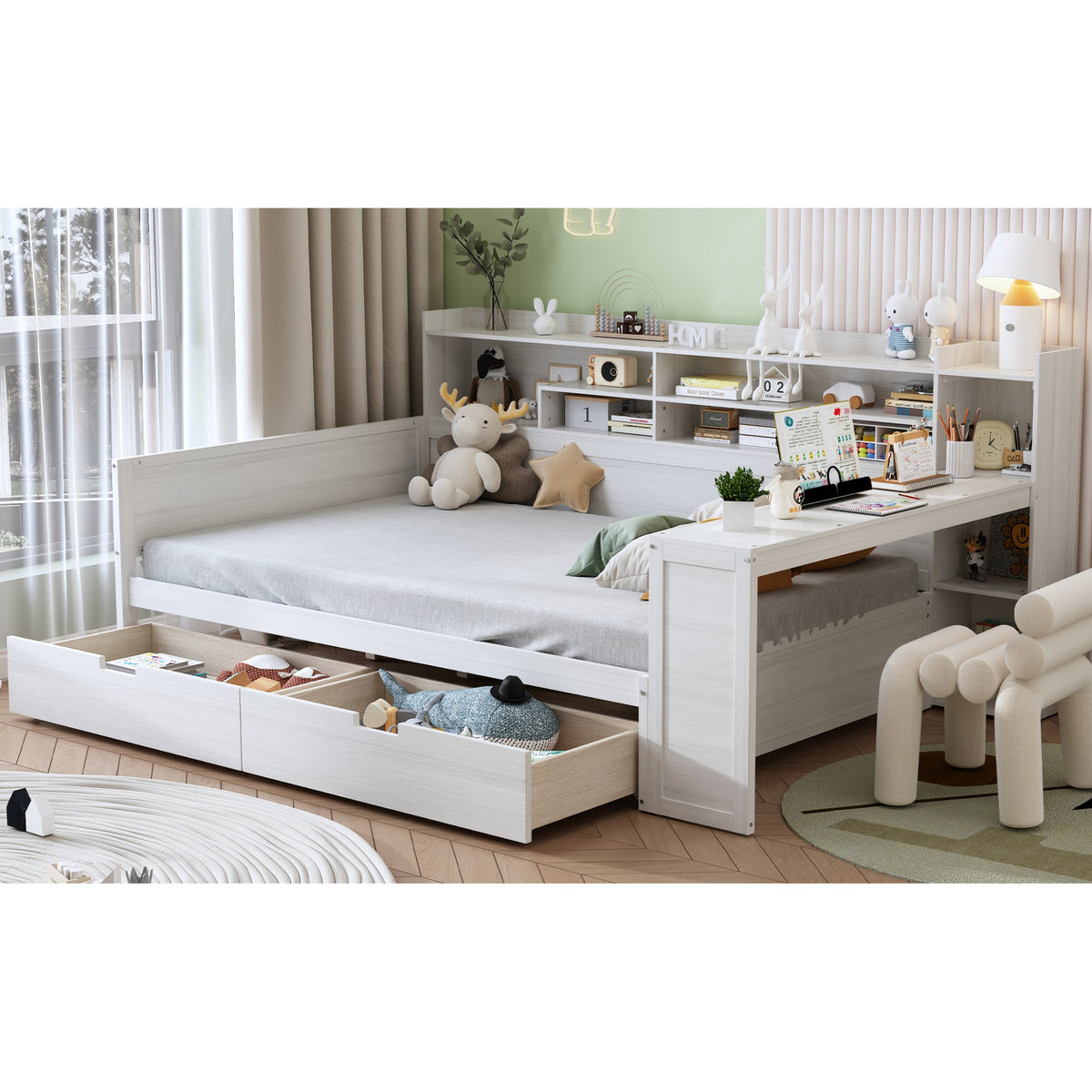 Roomfitters Full Daybed with Storage Shelves, Multi-Functional Bed with Drawers and Study Desk, Antique White
