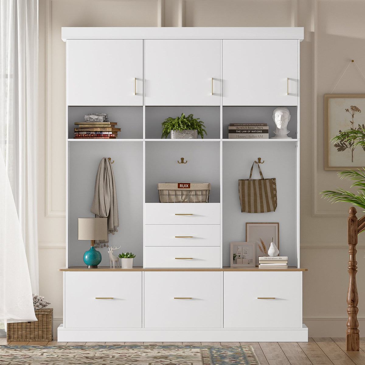 Roomfitters 5-in-1 Modern Entryway Hall Tree, 6 Drawers, 3 Wardrobe Cupboards, White Roomfitters