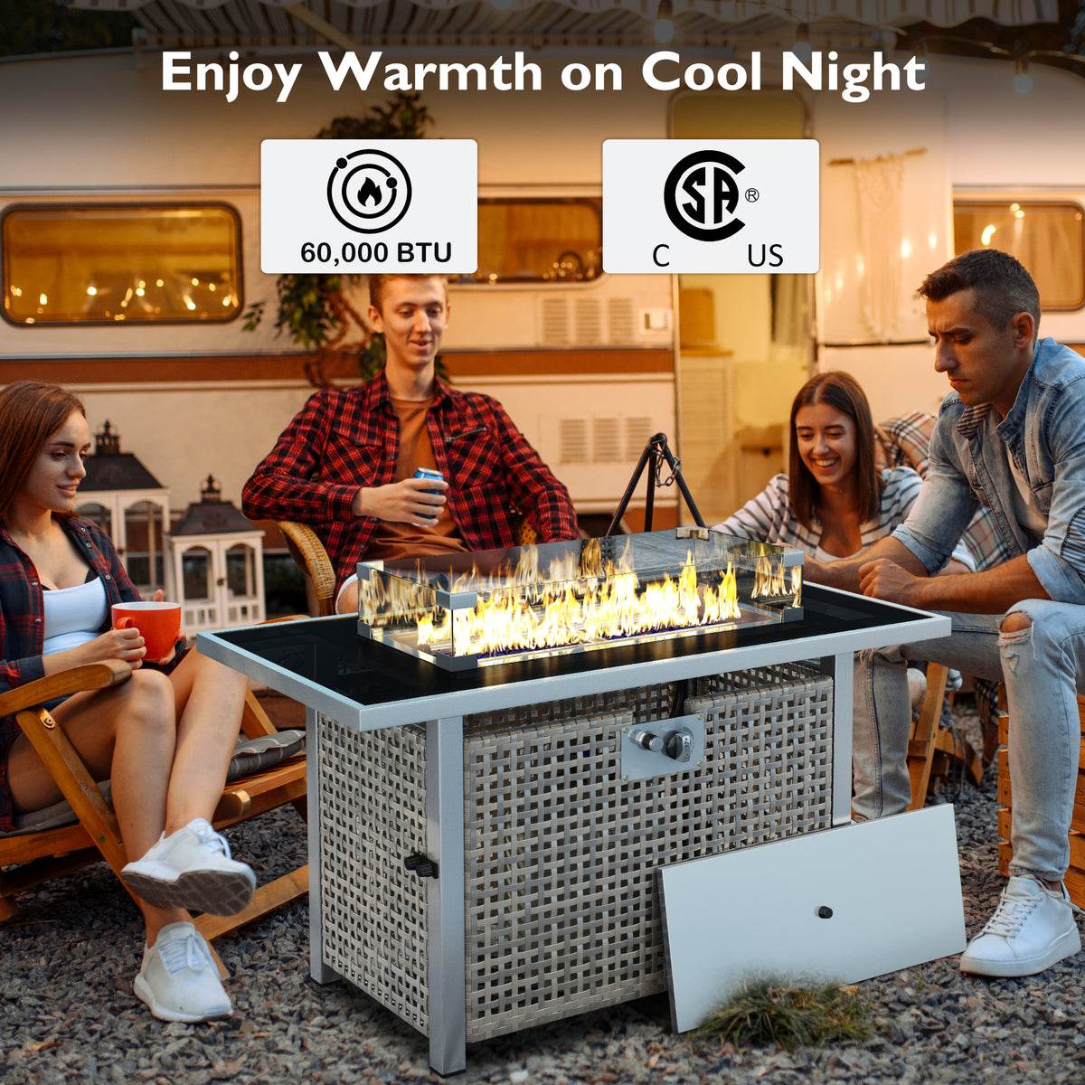variant-group:rf-n707p210158g|Roomfitters 43" Propane Fire Pit Table, 60,000 BTU Rectangular Wicker Fire Pit with Glass Wind Guard for Patio, Grey