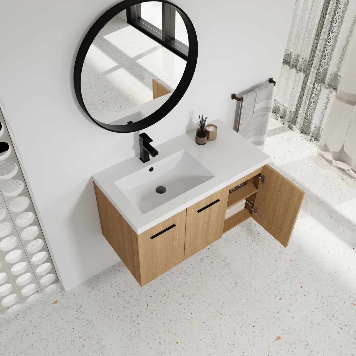 36" Wall-Mounted Floating Bathroom Vanity with Sink, Light Oak, 3-Door Modular Cabinet (2-Door + 1-Door), Gel Coat Integrated Sink Top, 3 Boxes, Ready-to-Assemble Roomfitters