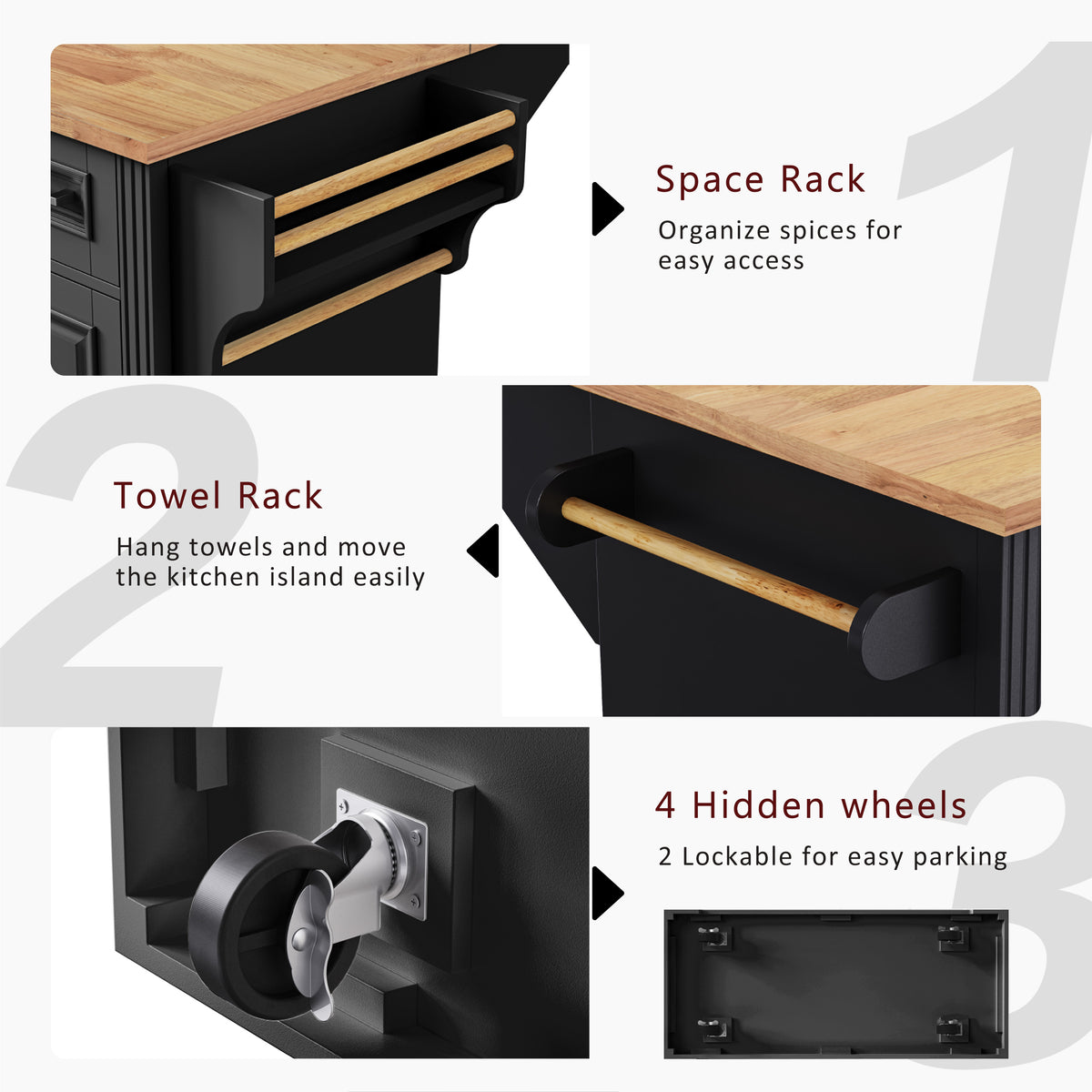 variant-group:rf-n707s195395b|Roomfitters 54" Kitchen Island with Wood Top, Rolling Storage Cabinet with 3 Drawers and 3 Doors, Spice Rack, Black
