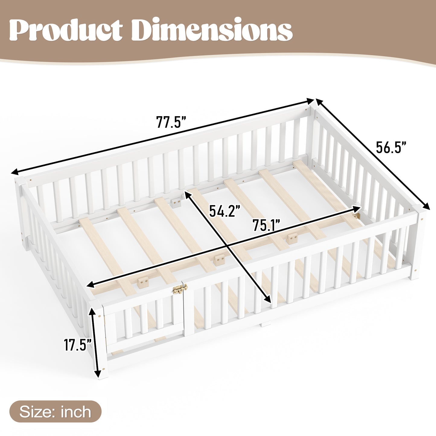 variant-group:rf-w1580p462317|Roomfitters Full Size Wooden Floor Bed Frame with Safety Guardrails Door, Solid Wood Low Profile Toddler Play Bed, White