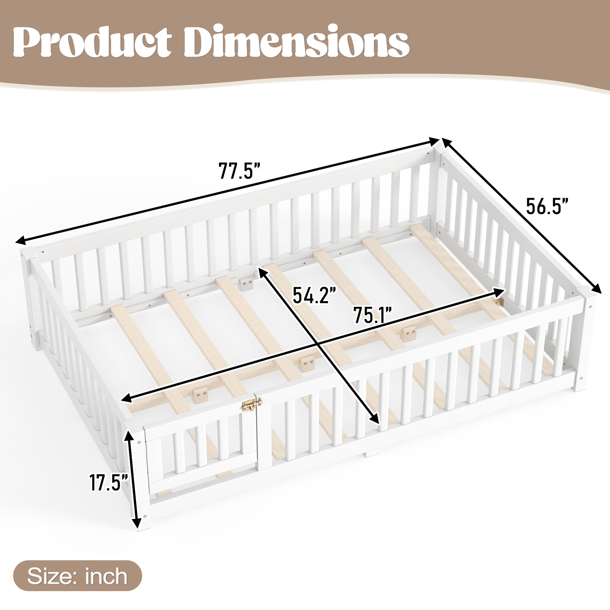 variant-group:rf-w1580p462317|Roomfitters Full Size Wooden Floor Bed Frame with Safety Guardrails Door, Solid Wood Low Profile Toddler Play Bed, White