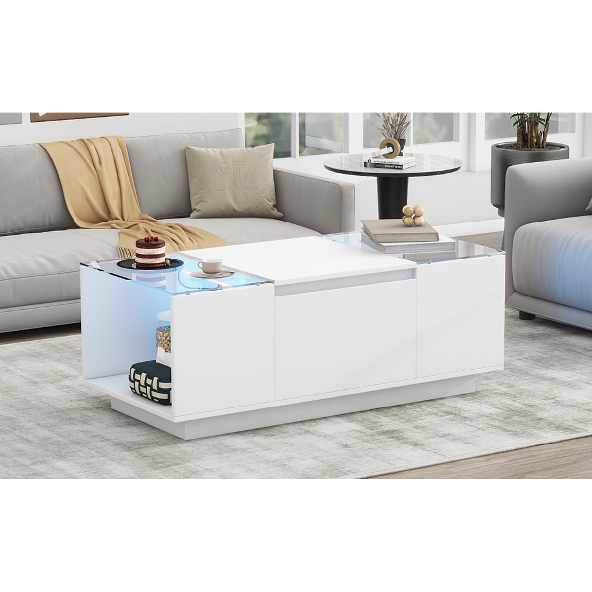 variant-group:rf-n724p290056k|Roomfitters Modern Center Coffee Table with High Gloss Finish, Glass Top and Hidden Storage Compartments, White