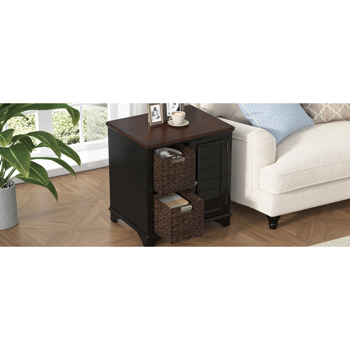 variant-group:rf-n724p401353b|Roomfitters American Style Louvered Side End Table with 2 Grass Storage Baskets, Black