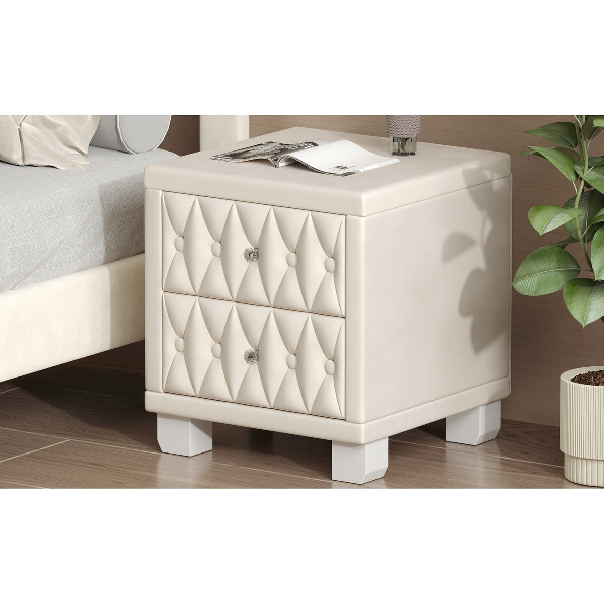 variant-group:rf-n733p210398a|Roomfitters Velvet Nightstand with Crystal Handles, Button-Tufted Upholstered Bedside Table with Two Storage Compartments, Beige