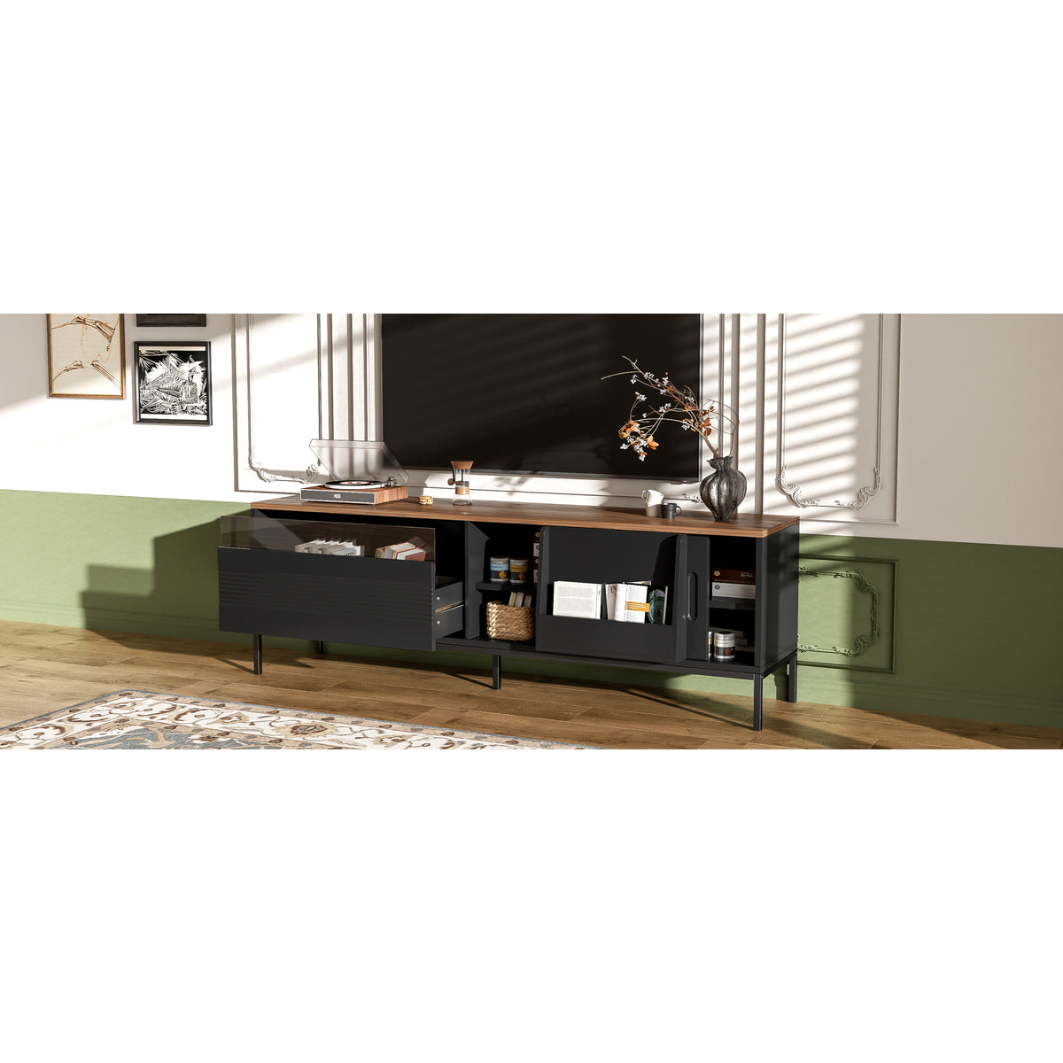 variant-group:rf-n724p360370b|Roomfitters Mid-Century Modern 70" TV Stand Console with Sliding Doors, Black