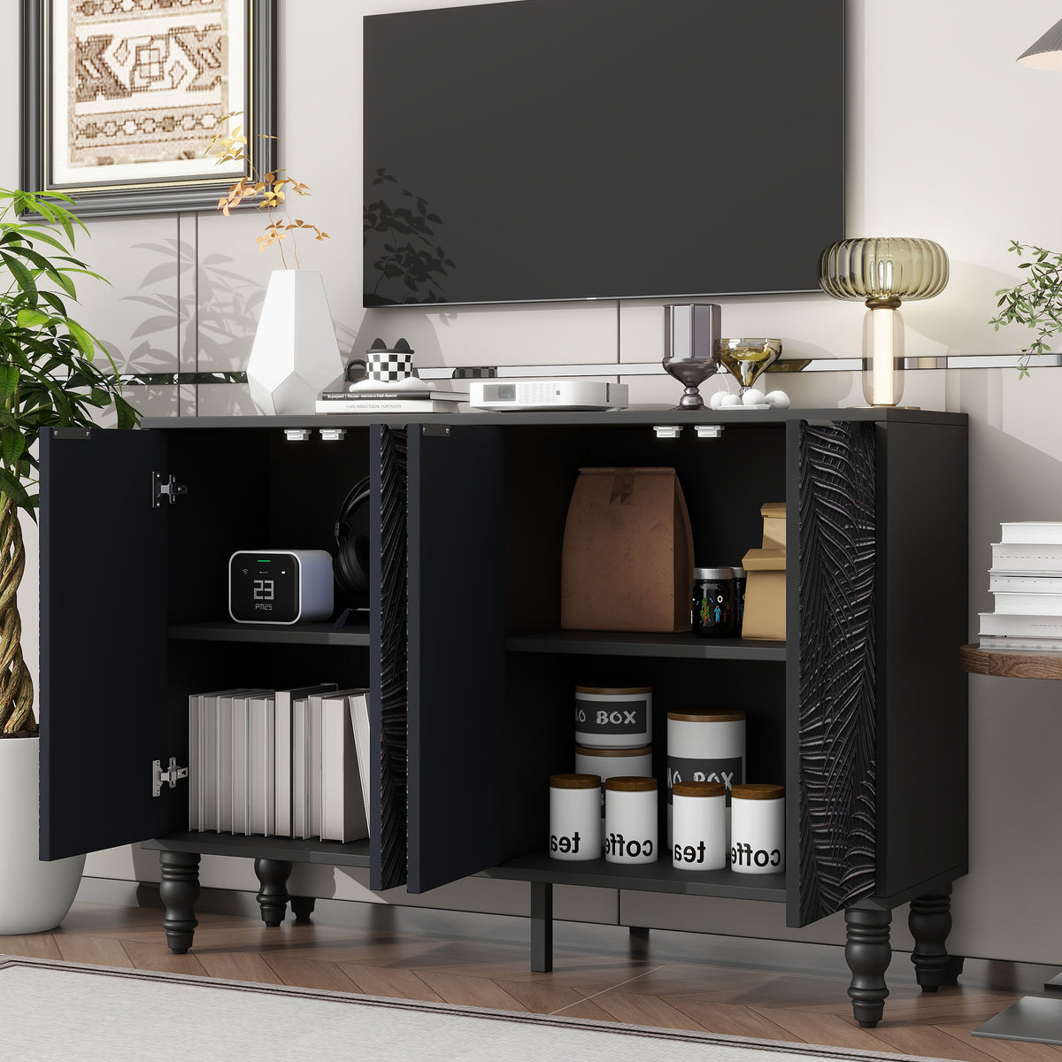 variant-group:rf-n724p233372b|Roomfitters Modern TV Stand for up to 43 Inch TV, Entertainment Console with Storage Compartments and Wood Legs, Black