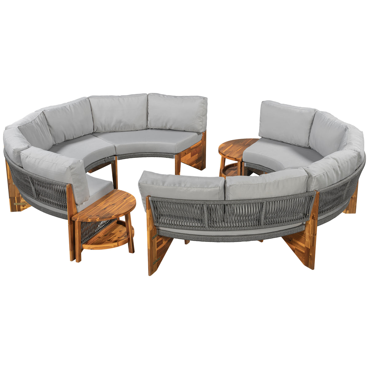 variant-group:rf-n711wy000468aae|Roomfitters 3-Piece Outdoor Sofa Set for 6, Half-Moon Patio Conversation Set, Grey Cushions, Rope Woven Steel Sectional
