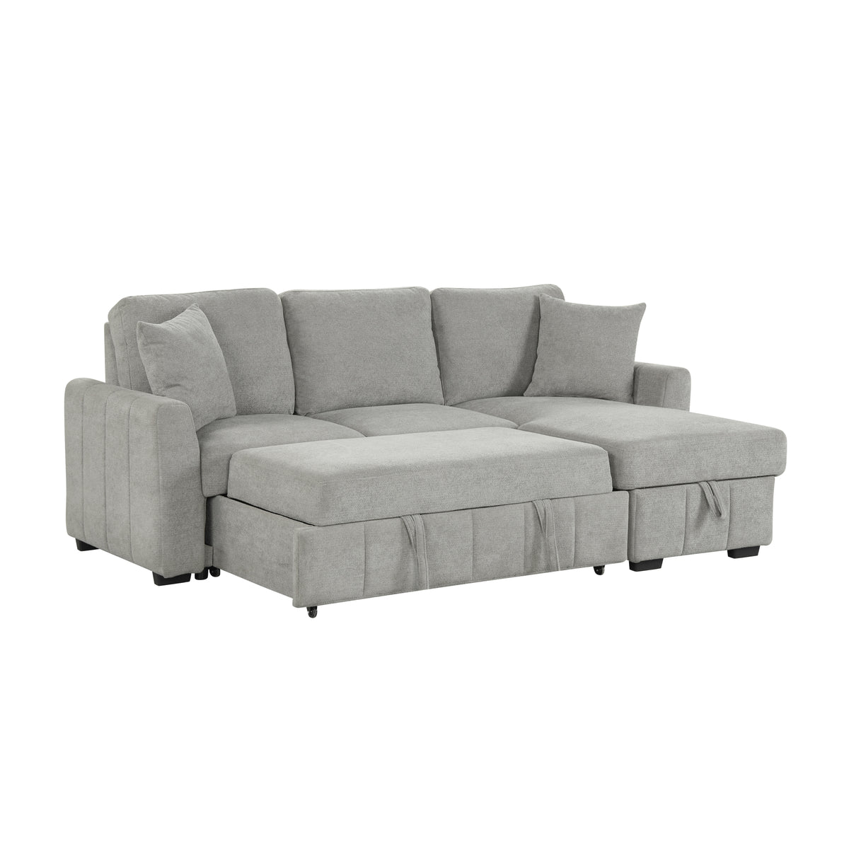 variant-group:rf-n711wy000467aae|Roomfitters 90" L-Shaped Sectional Sleeper Sofa with Storage Chaise and Pull Out Bed, Fold Down Cup Holder Table, Grey