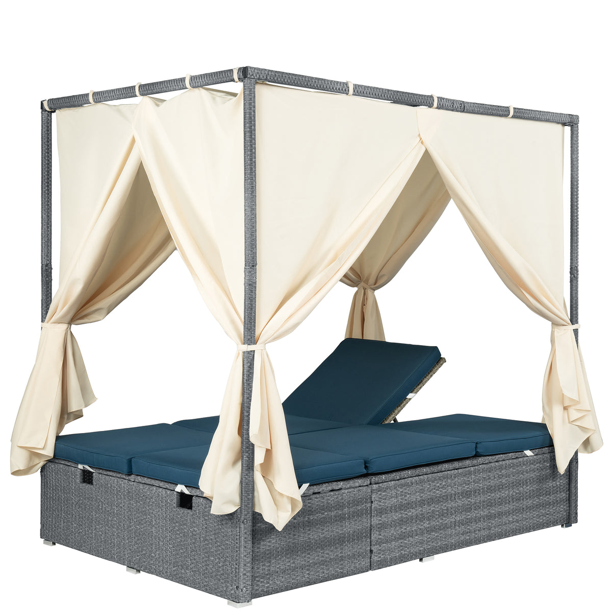 variant-group:rf-n711wy000471aac|Roomfitters Modern Tropical Dark Blue PE Rattan Outdoor Double Sun Lounger, Patio Daybed, Adjustable Recline, Canopy