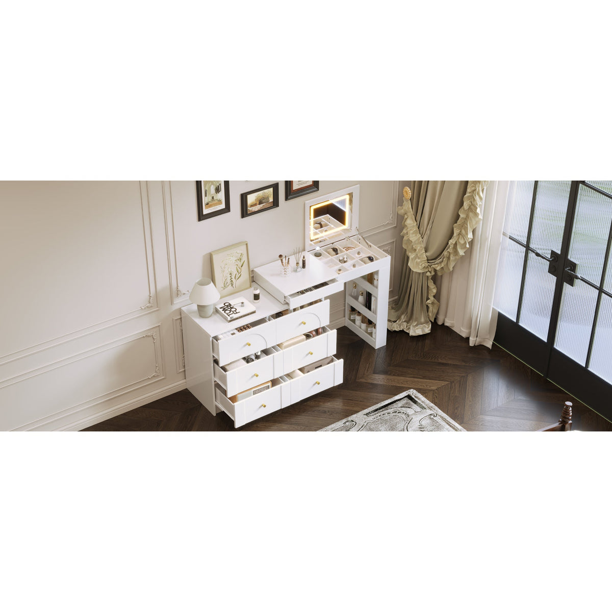 Roomfitters Vanity Desk with Mirror & Lights, Flip-Top Makeup Table with 7 Drawers, 9 Compartments, 3 Shelves, White