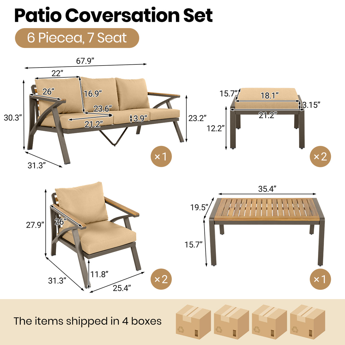 variant-group:rf-n704g201256d|Roomfitters 6-Piece Steel Conversation Set with 3-Seat Sofa Multi-Functional Ottomans and Acacia Wood Table Brown