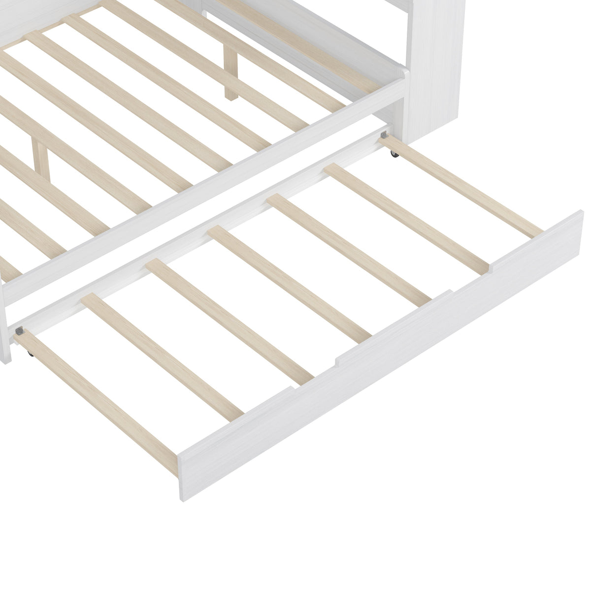 Roomfitters Wooden Full Size Daybed with Storage Shelves, Multi-functional Bed with Twin Size Trundle Bed and Study Desk, Antique White
