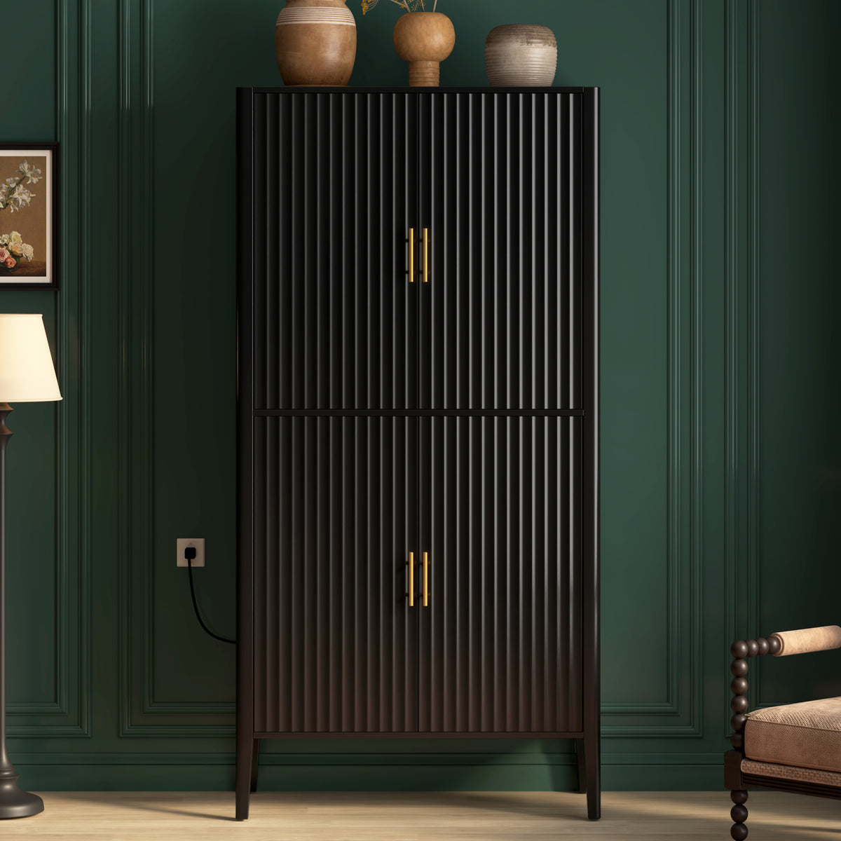 variant-group:rf-n711wy000539aab|Roomfitters Modern Black Fluted 4-Door Tall Wine Bar Storage Cabinet, Glass Display Rack, Built-In LED Lighting