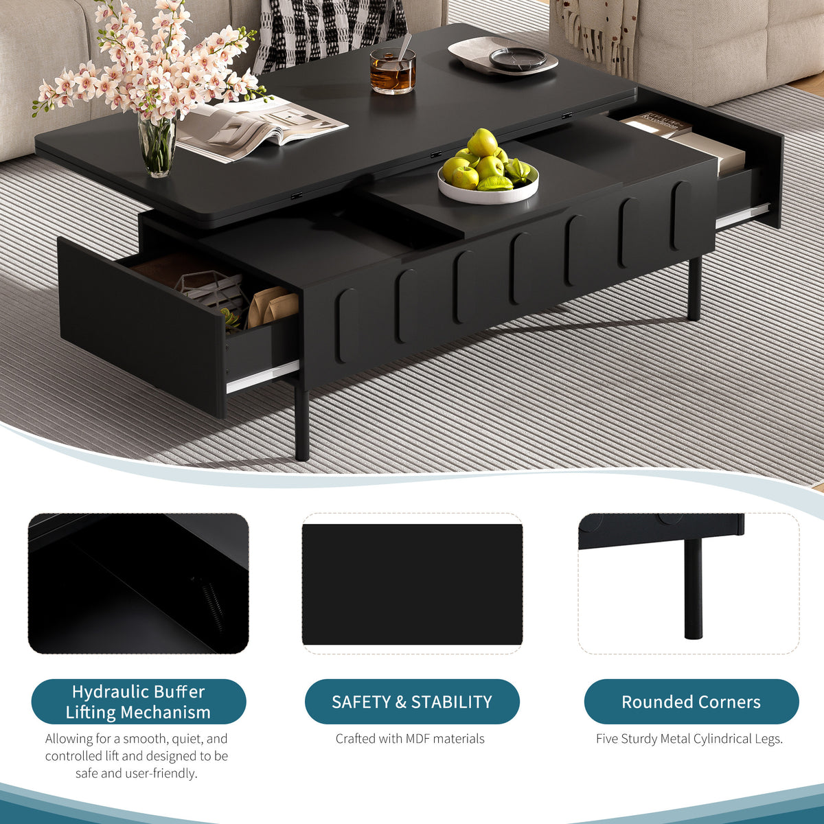 variant-group:rf-n724p292514b|Roomfitters Lift-Top Coffee Table with 2 Drawers and Foldable Top, Hidden Storage Compartment, Adjustable Center Table, Black