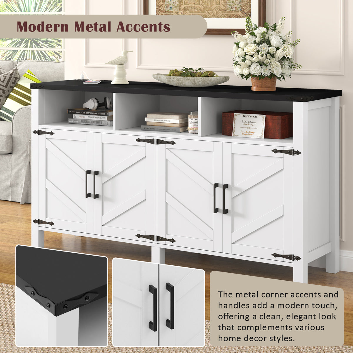 variant-group:rf-n711p347407k|Roomfitters 59" Sideboard Buffet Cabinet with 4 Door & Open Storage, Modern Farmhouse Industrial Coffee Bar Station, White+Black