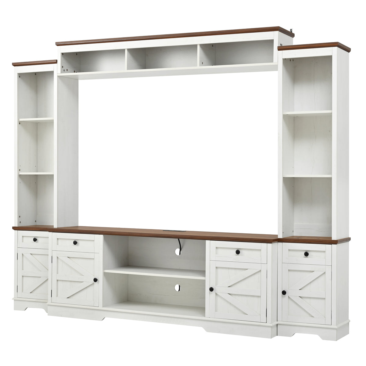 variant-group:rf-n724sj000154aak|Roomfitters 98.8"W Farmhouse Wall Unit Entertainment Center, 4 Barn Doors, White & Walnut