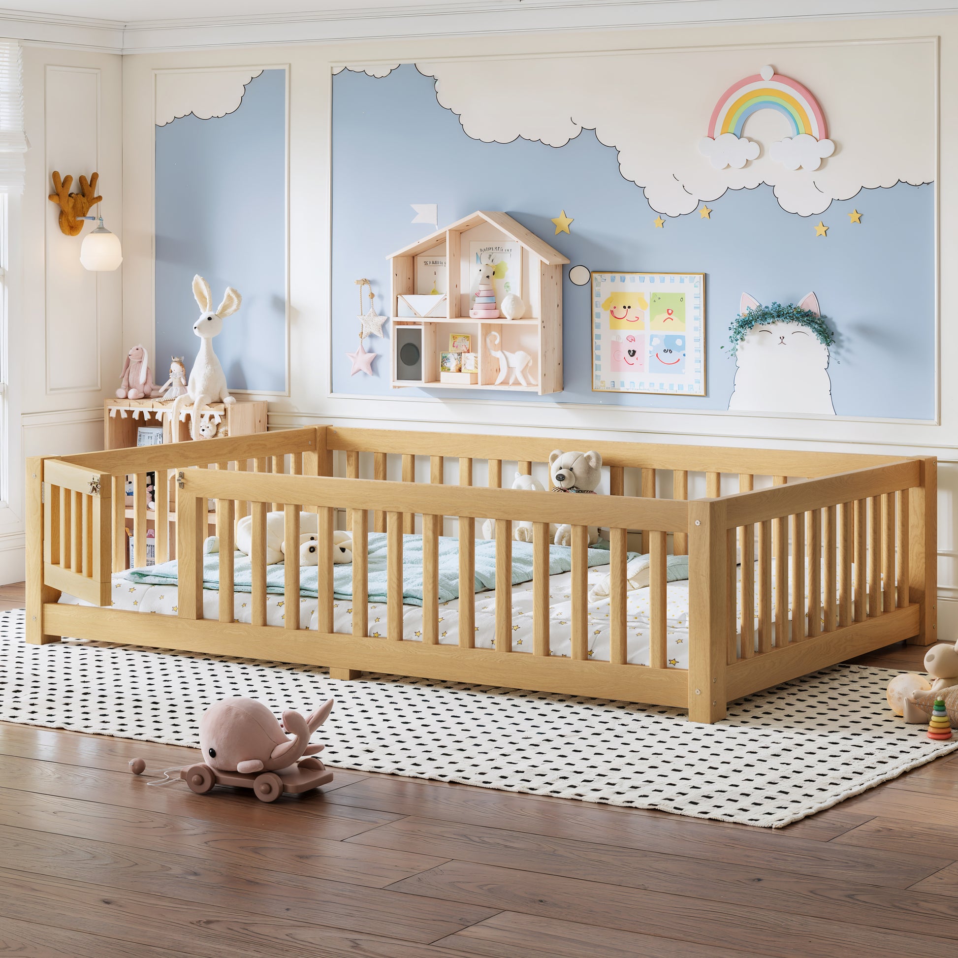 variant-group:rf-w1580p462323|Roomfitters Full Size Wooden Floor Bed Frame with Safety Guardrails Door, Solid Wood Low Profile Toddler Play Bed, Natural