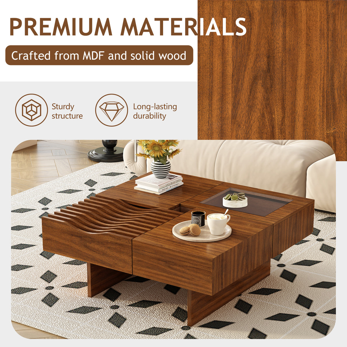 variant-group:rf-n724p270432d|Roomfitters Square Mid-Century Coffee Table with Glass Top and 3 Storage Compartments, Solid Wood Legs, Brown
